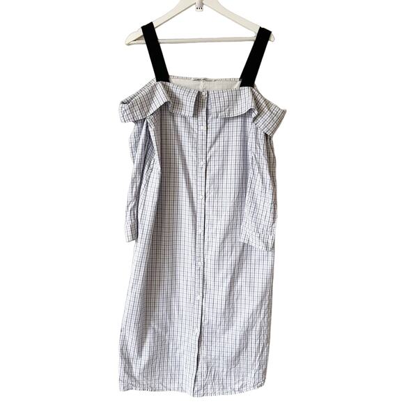 English Factory Plaid Midi Dress Size L Off Shoulder Shirt Full Button Front - Picture 2 of 8